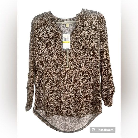 Michael Kors NWT animal print blouse, roll sleeve, gold zipper, size Med - Picture 1 of 8